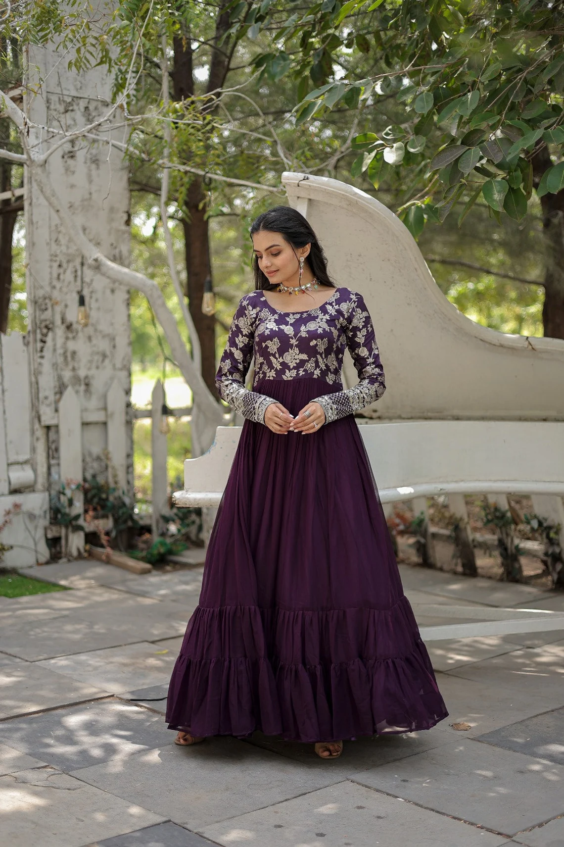 Dark Wine Anarkali Gown for women, Indian long gown Salwar Suit, Sequence Embroidery Gown, Anarkali suit Party wear gown floral Design