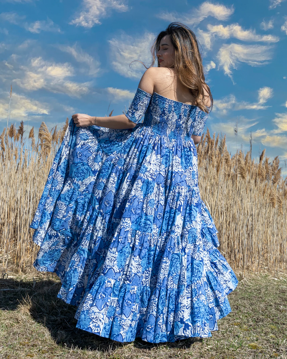 EGYPTIAN BLUE SMOCKED COTTON DRESS