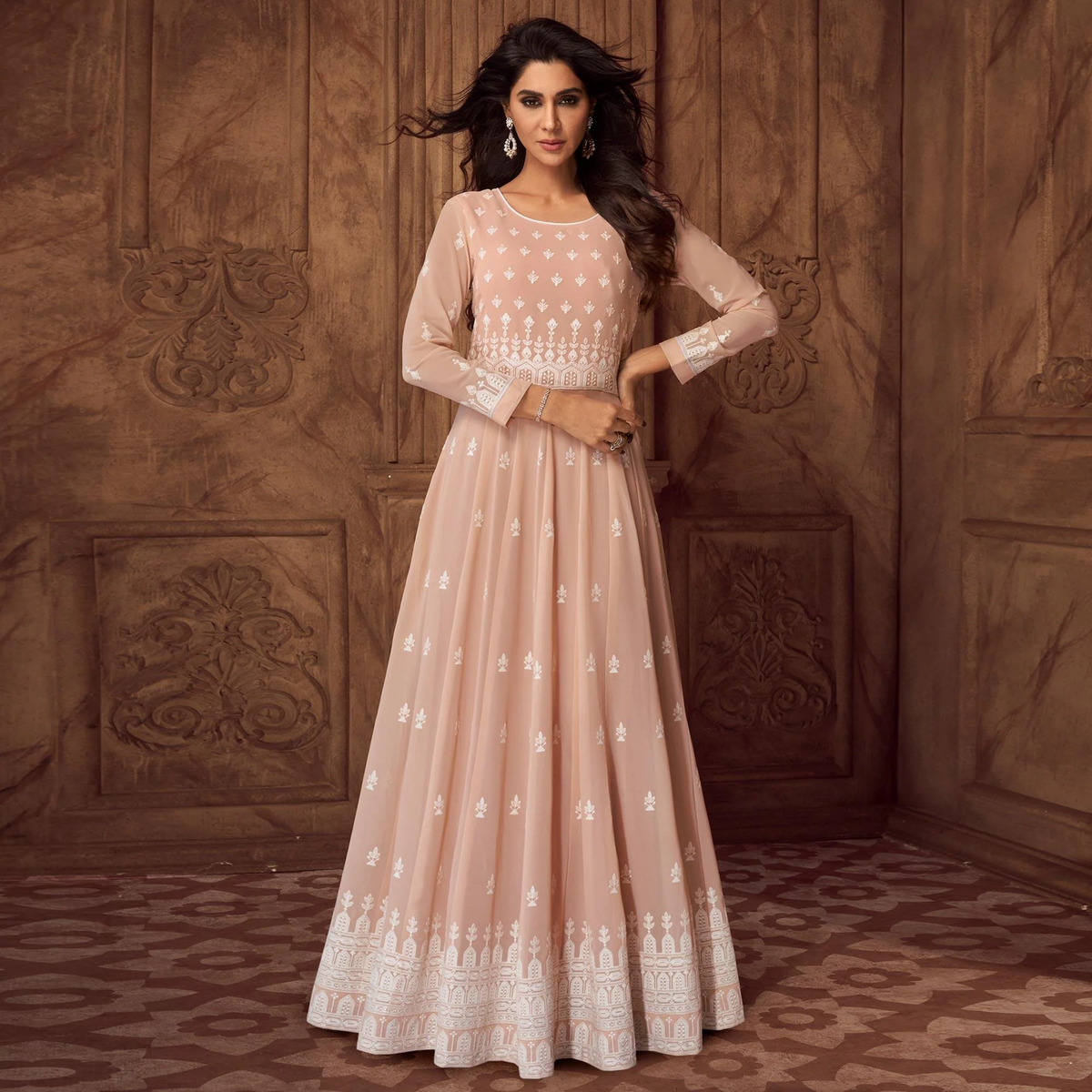 Peach Floral Embroidered Georgette Gown