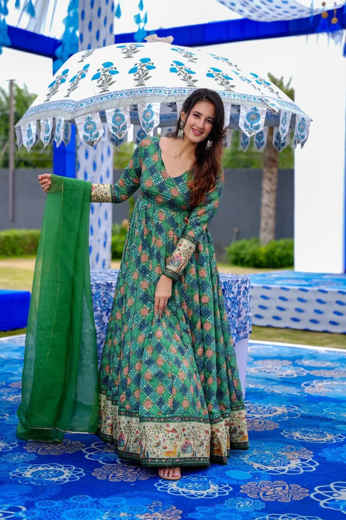 green embroidered georgette gown