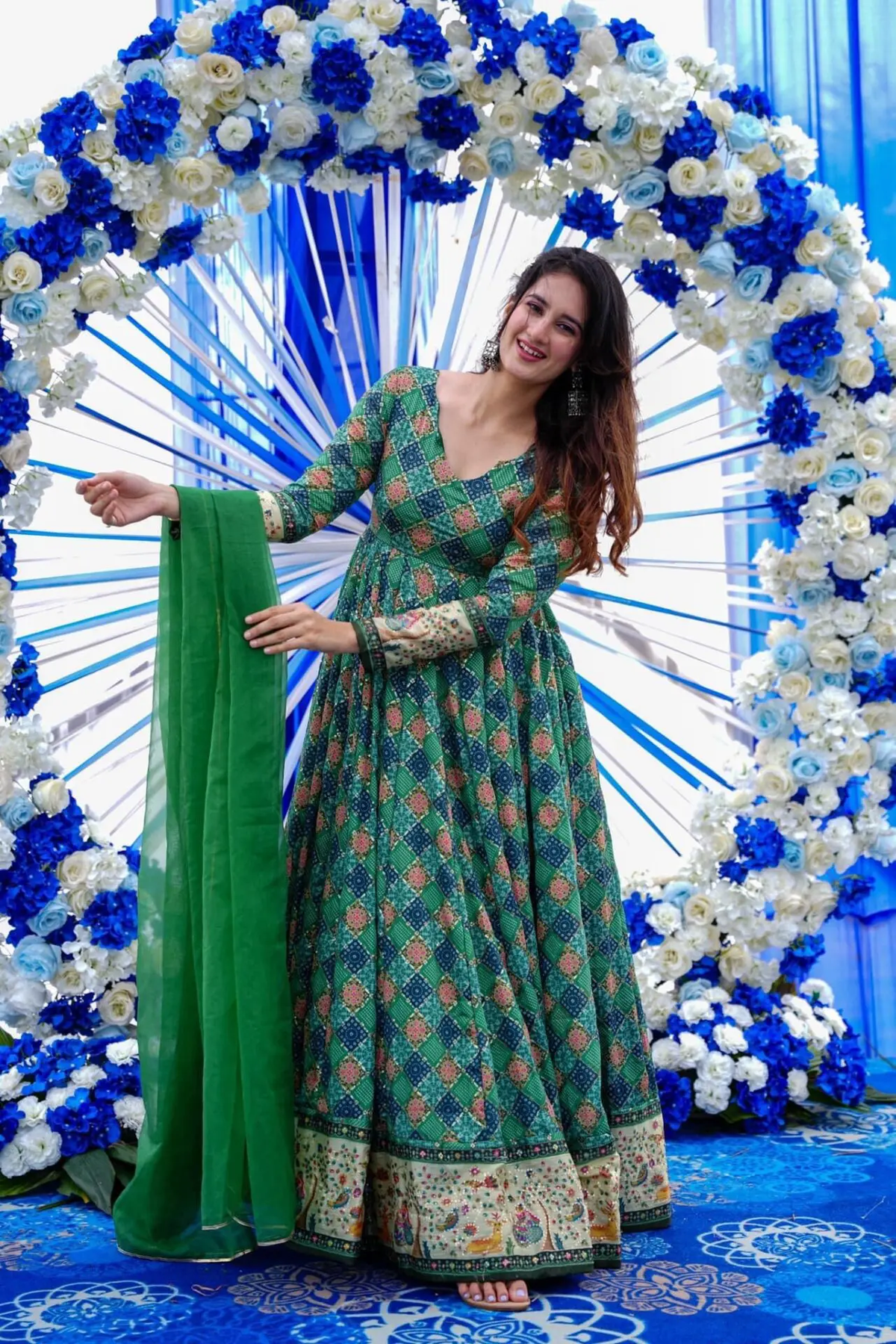 green embroidered georgette gown