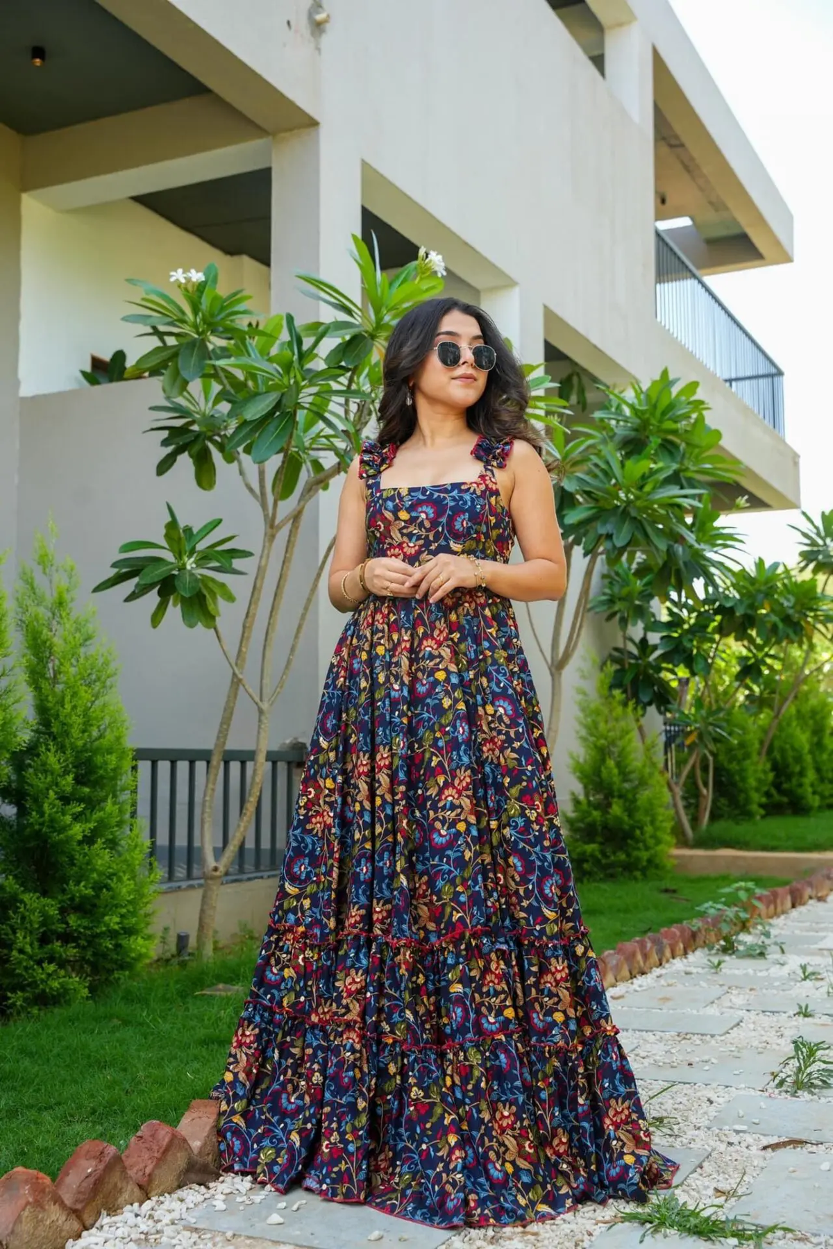 MULTICOLOR RAYON PRINTED LONG SLEEVELESS GOWN