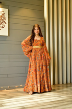 MUSTERED GEORGETTE PRINTED LONG GOWN