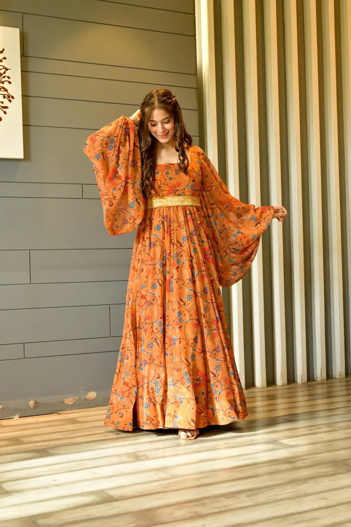 MUSTERED GEORGETTE PRINTED LONG GOWN