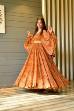 MUSTERED GEORGETTE PRINTED LONG GOWN