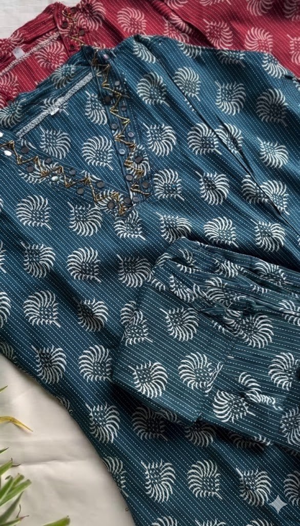 Sringam Blue Cotton Printed Kurta & Pant Set – Effortless Elegance for Everyday Grace
