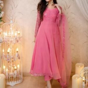 Embroidered Georgette Stitched Anarkali Gown (Pink)