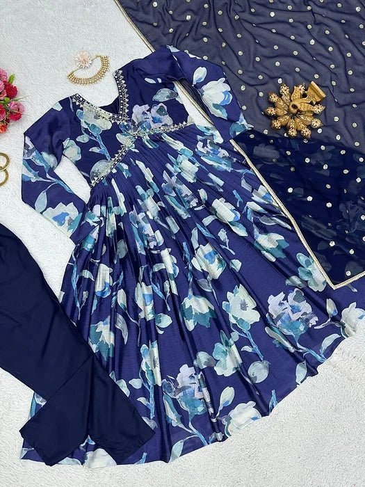 Blue Aliya Cut Dress With Real Mirror Work - Image 3