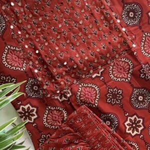 Neerus Maroon Printed Anarkali Kurta & Trousers with Dupatta – Regal Elegance for Timeless Style