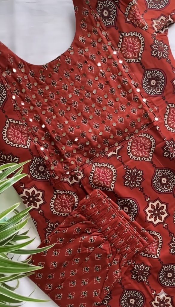 Neerus Maroon Printed Anarkali Kurta & Trousers with Dupatta – Regal Elegance for Timeless Style
