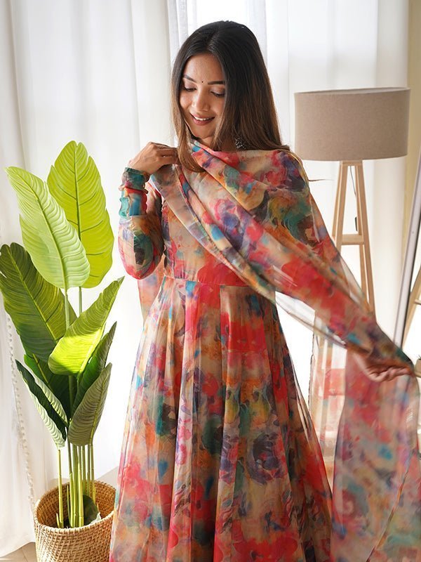 Orange Stains Organza Printed Anarkali Gown With Pant & Dupatta Set - Image 3