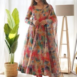 Orange Stains Organza Printed Anarkali Gown With Pant & Dupatta Set