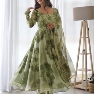 Mehandi Organza Printed Anarkali Gown With Pant & Dupatta Set