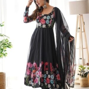 Flower Black Printed Anarkali Gown With Pant & Dupatta Set