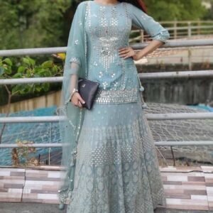 Anjum Fakih Bollywood Style Pastel Green Color Sharara Suit