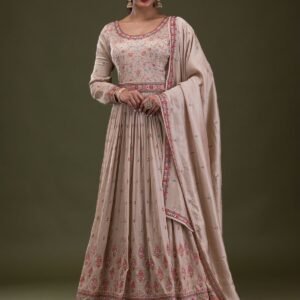Beige Threadwork Semi Crepe Readymade Salwar Suit