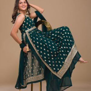 Peacock Blue Zariwork Georgette Readymade Salwar Suit