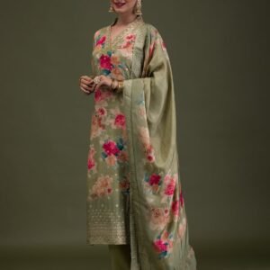 Pista Green Printed Semi Crepe Readymade Salwar Suit