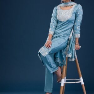 Sky Blue Zariwork Art Silk Readymade Salwar Suit