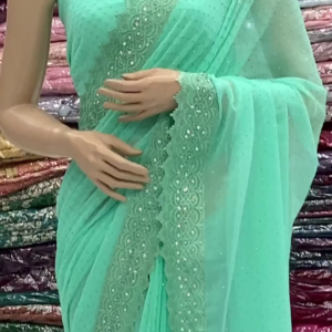 Pista Zari thread mirror Diamond Work Saree