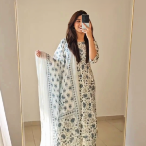 Latest Party Wear Cotton Blend Printed Kurti Pant With Dupatta Set