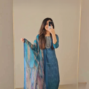 Women’s Rayon Blend Embroidered Straight Kurta with Pant & Dupatta