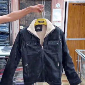 Men’s Black Faux Leather Biker Jacket with Sherpa/Fleece Collar
