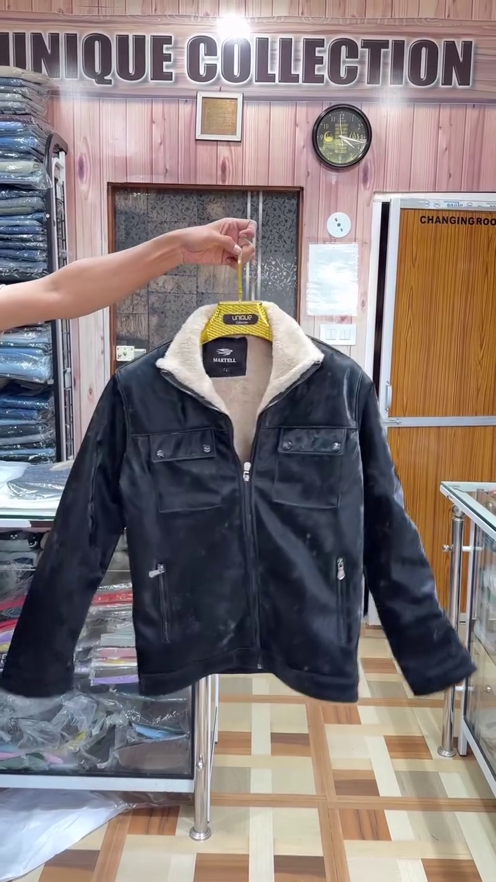 Men’s Black Faux Leather Biker Jacket with Sherpa/Fleece Collar