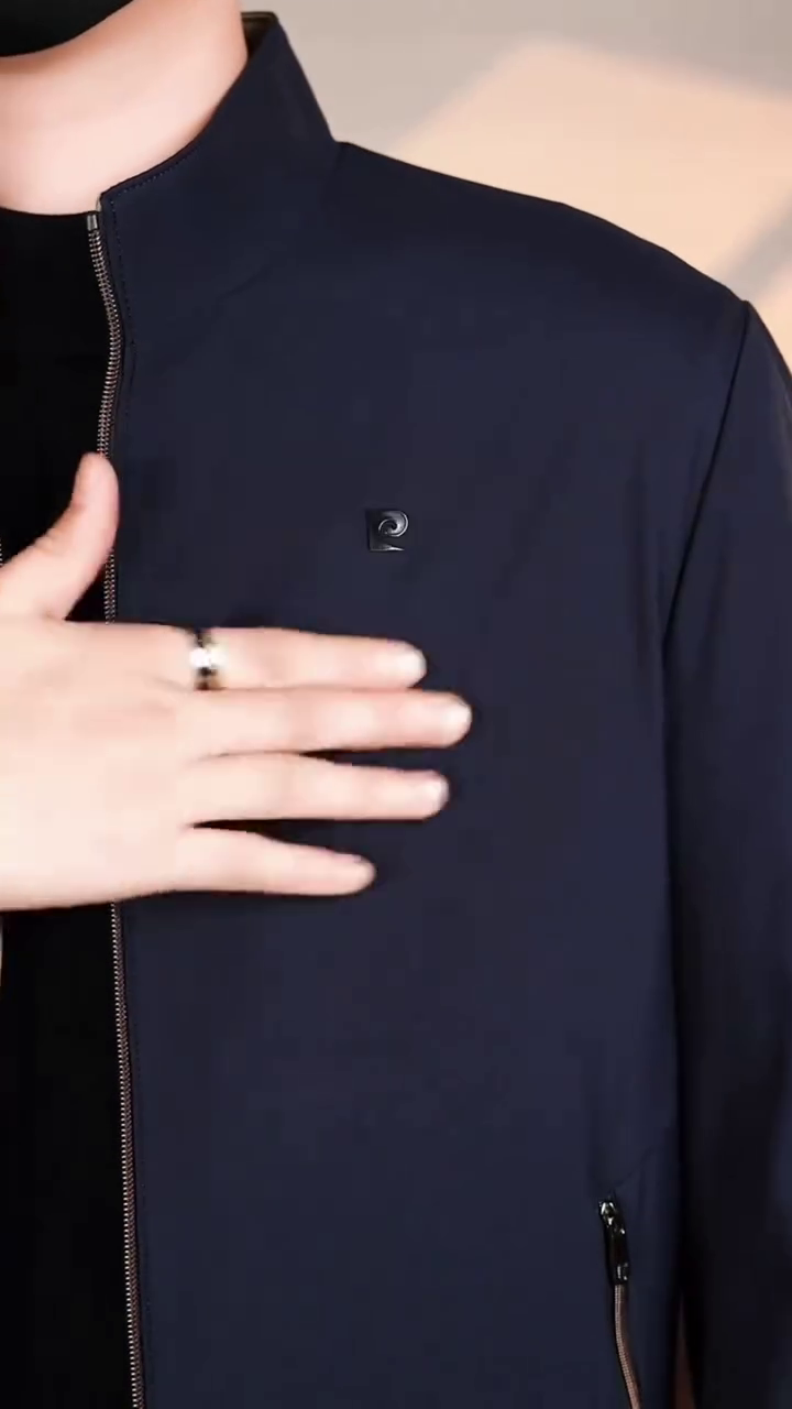 Men’s Classic Navy Blue Band Collar Zip Jacket - Image 4