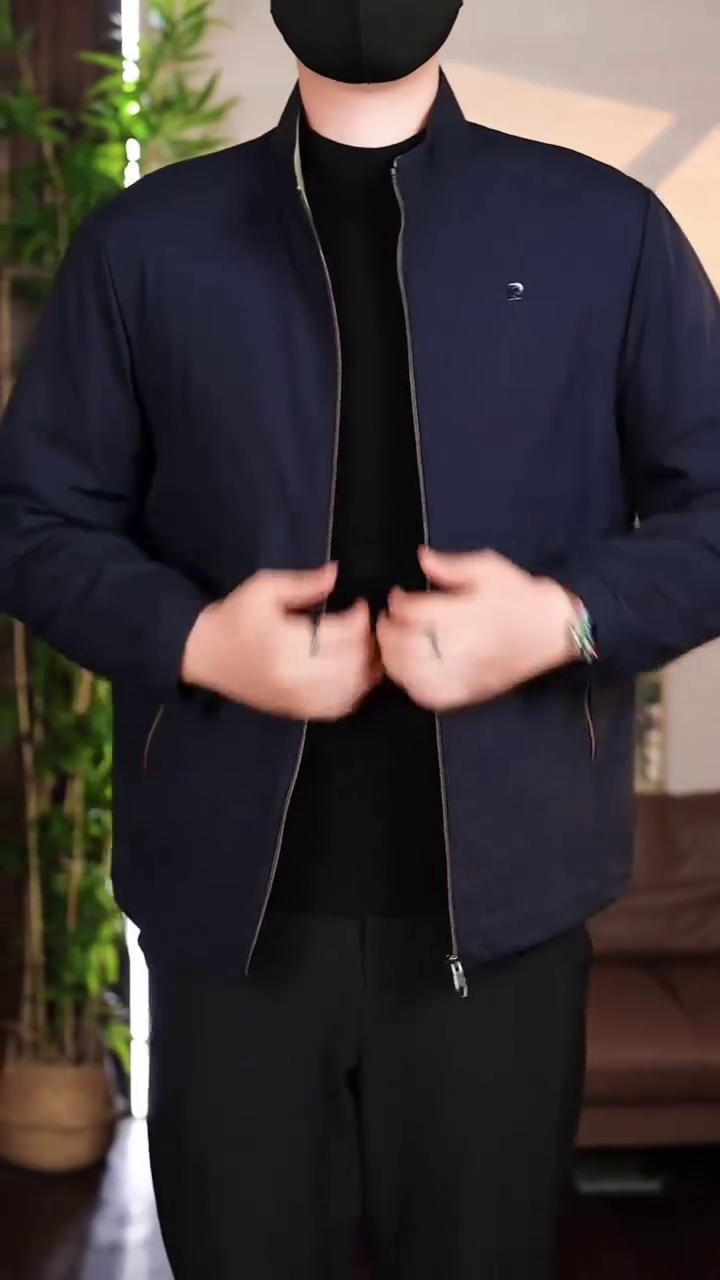 Men’s Classic Navy Blue Band Collar Zip Jacket - Image 2