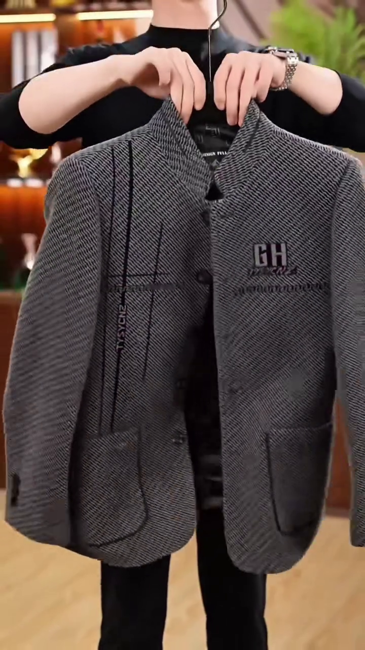 Men’s Grey Herringbone Plaid Stand Collar Jacket - Image 2