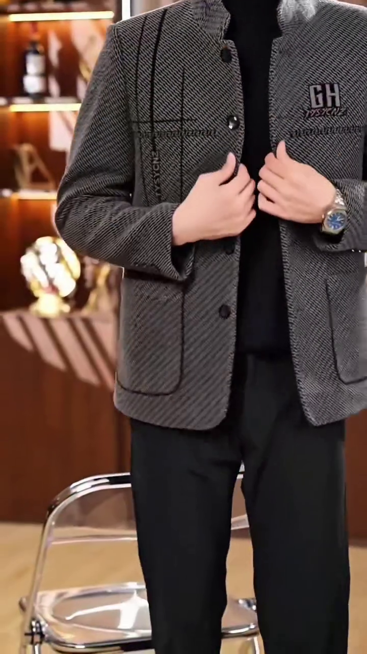 Men’s Grey Herringbone Plaid Stand Collar Jacket - Image 4