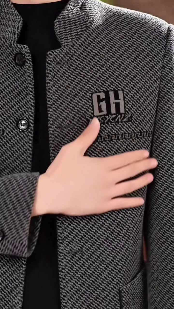 Men’s Grey Herringbone Plaid Stand Collar Jacket - Image 3