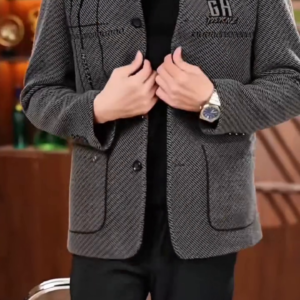 Men’s Grey Herringbone Plaid Stand Collar Jacket