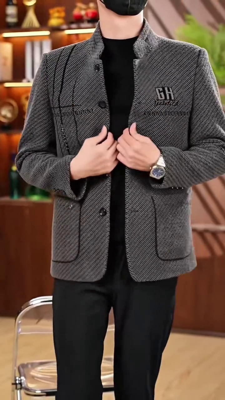 Men’s Grey Herringbone Plaid Stand Collar Jacket