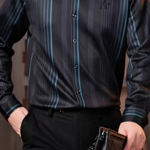 Men’s Black Vertical Stripe Formal Shirt with Contrast Detailing