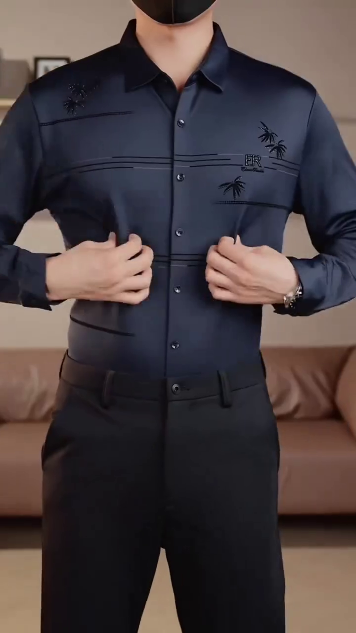 Men’s Navy Blue Designer Formal Shirt with Embroidered Detailing - Image 6
