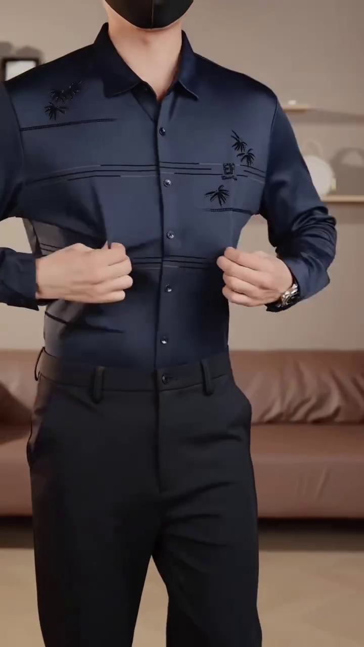 Men’s Navy Blue Designer Formal Shirt with Embroidered Detailing - Image 5