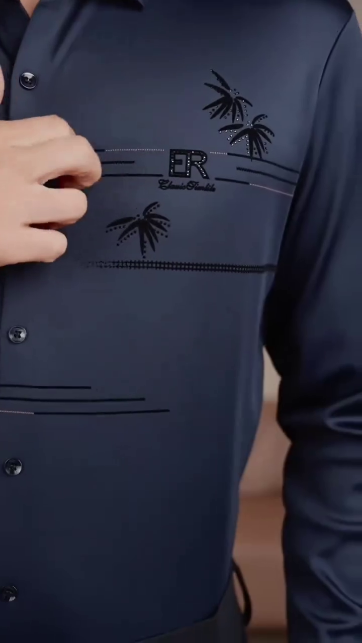 Men’s Navy Blue Designer Formal Shirt with Embroidered Detailing - Image 4