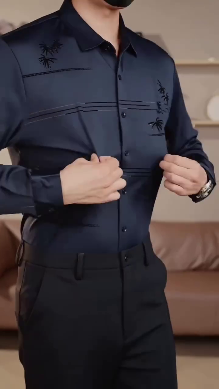 Men’s Navy Blue Designer Formal Shirt with Embroidered Detailing - Image 3