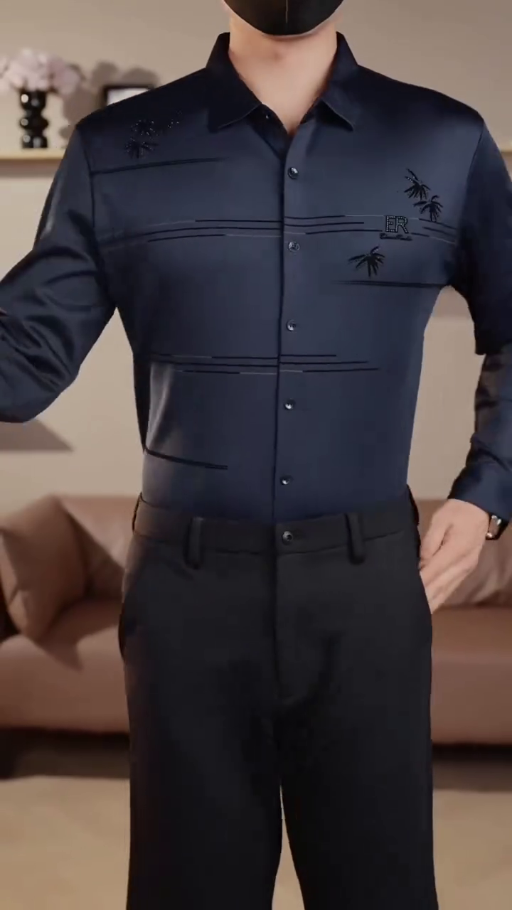 Men’s Navy Blue Designer Formal Shirt with Embroidered Detailing - Image 2