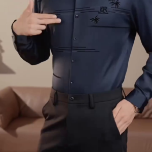 Men’s Navy Blue Designer Formal Shirt with Embroidered Detailing