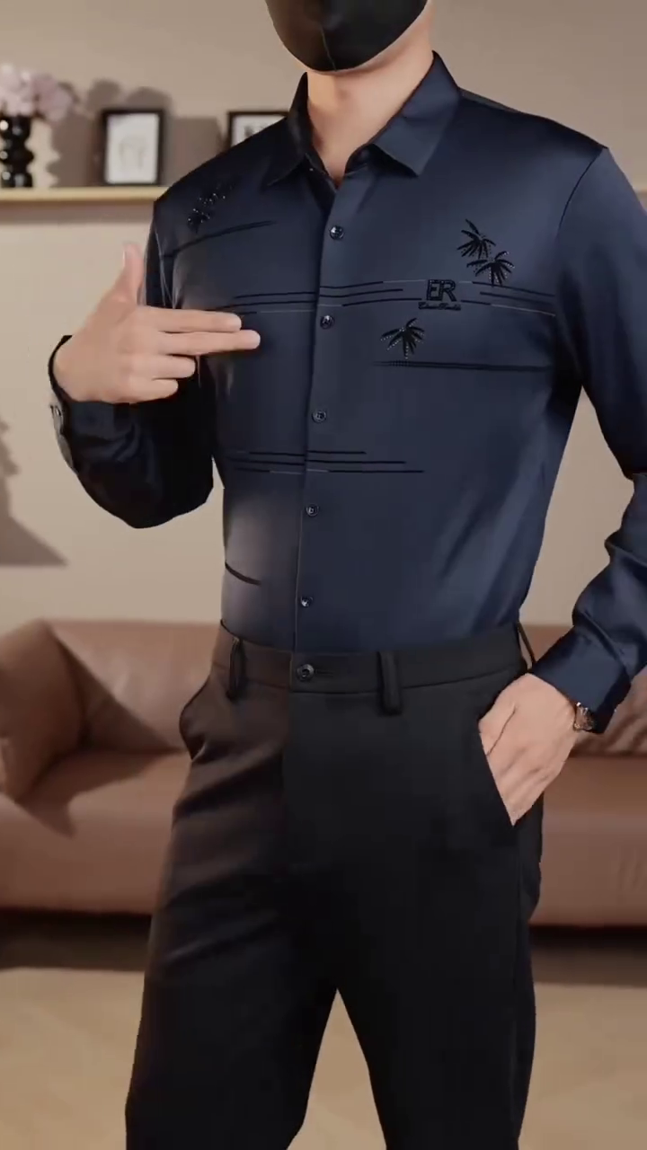 Men’s Navy Blue Designer Formal Shirt with Embroidered Detailing