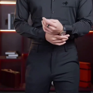 Men’s Charcoal Grey Designer Formal Shirt with Embroidered Accents