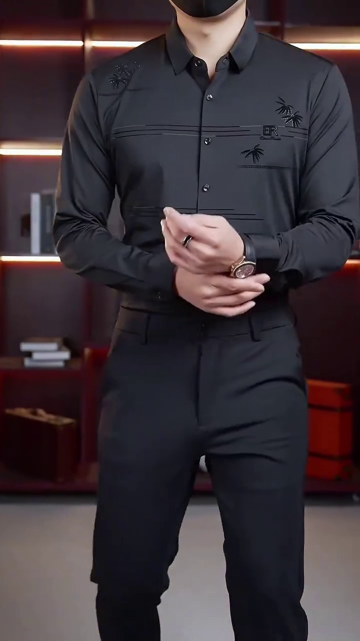 Men’s Charcoal Grey Designer Formal Shirt with Embroidered Accents