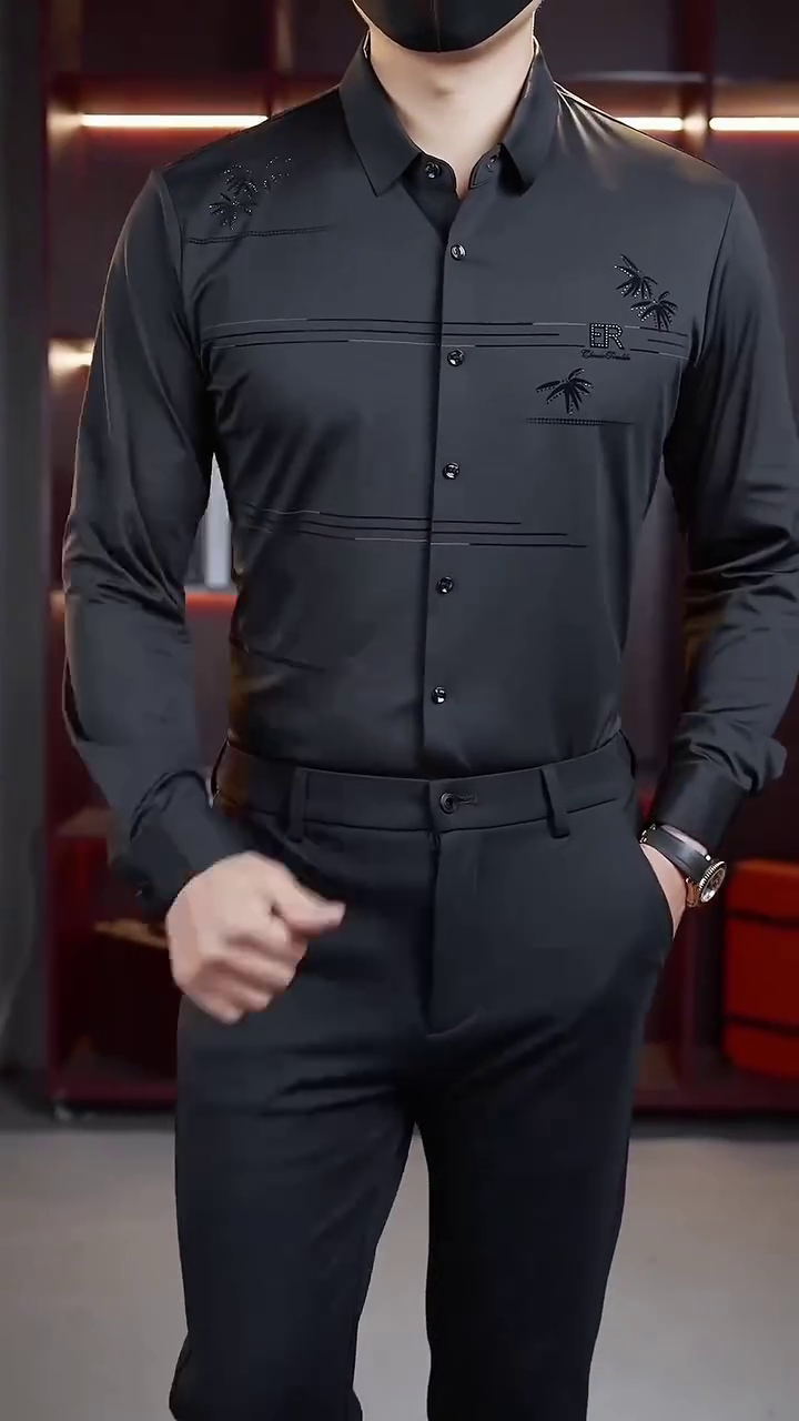 Men’s Charcoal Grey Designer Formal Shirt with Embroidered Accents - Image 2