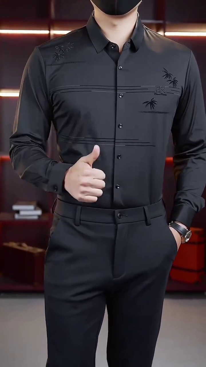 Men’s Charcoal Grey Designer Formal Shirt with Embroidered Accents - Image 3